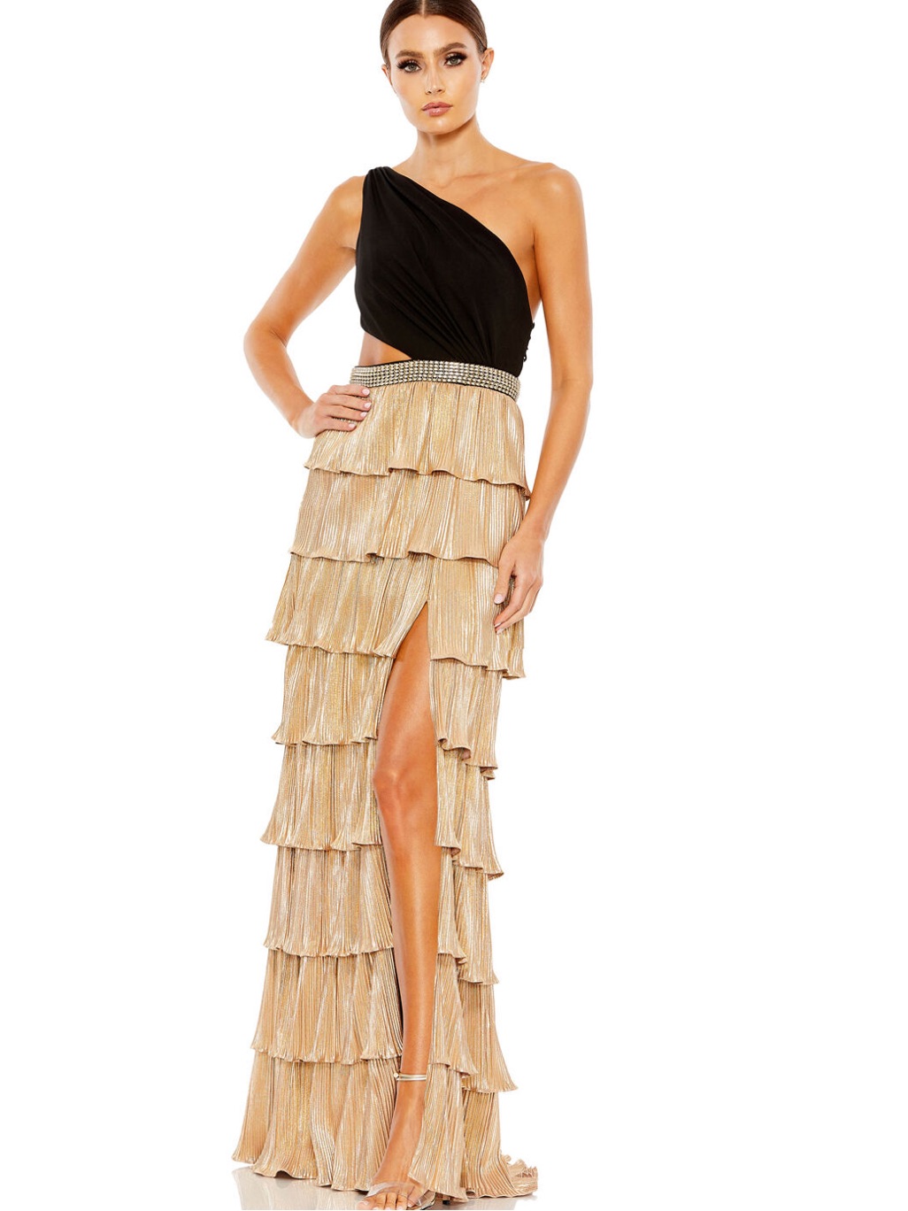 Nwt Mac Duggal Ieena Metallic Bronze Gold 26742 One Shoulder Dress 14